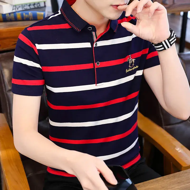 Men Striped Polo T-Shirt Navy Yellow Cotton 2021