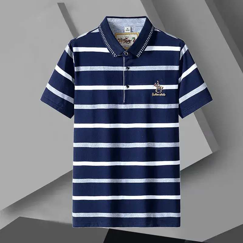 Men Striped Polo T-Shirt Navy Yellow Cotton 2021