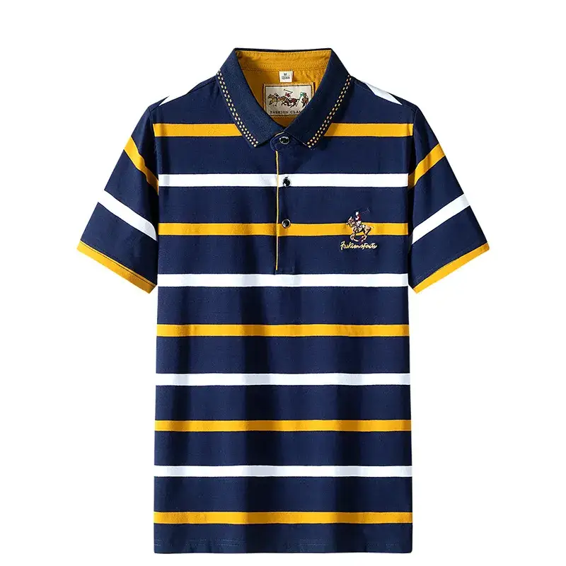 Men Striped Polo T-Shirt Navy Yellow Cotton 2021