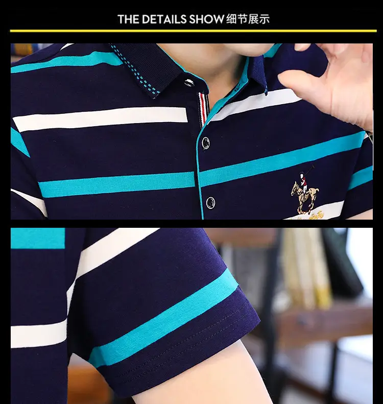 Men Striped Polo T-Shirt Navy Yellow Cotton 2021 — feature 10
