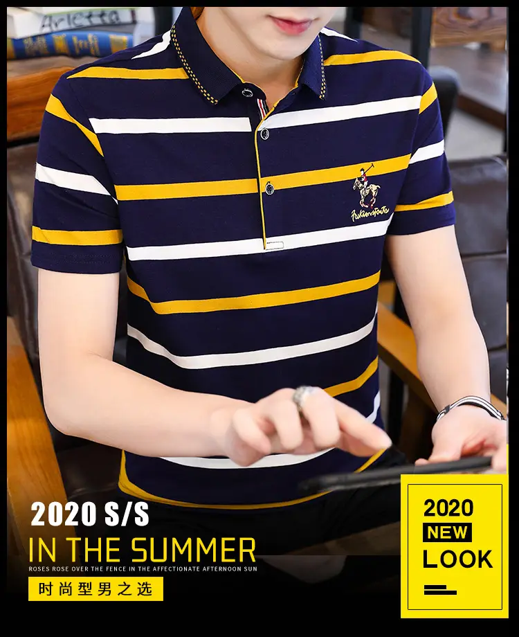 Men Striped Polo T-Shirt Navy Yellow Cotton 2021 — feature 2