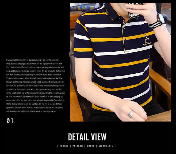 Men Striped Polo T-Shirt Navy Yellow Cotton 2021 — feature 6