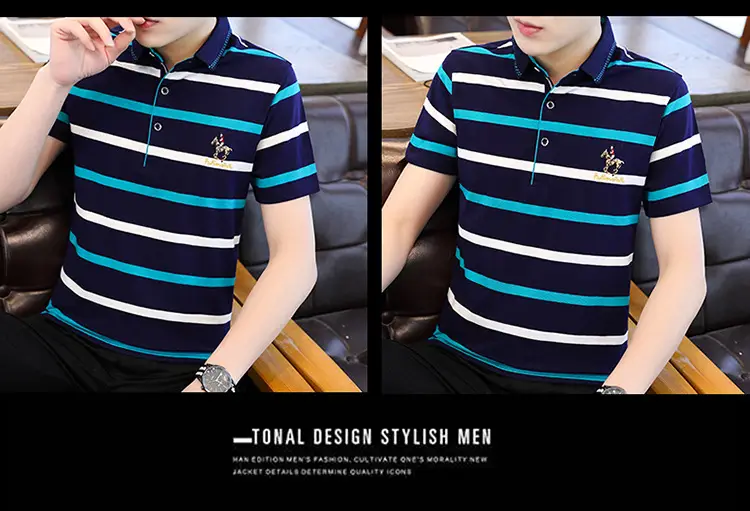 Men Striped Polo T-Shirt Navy Yellow Cotton 2021 — feature 7