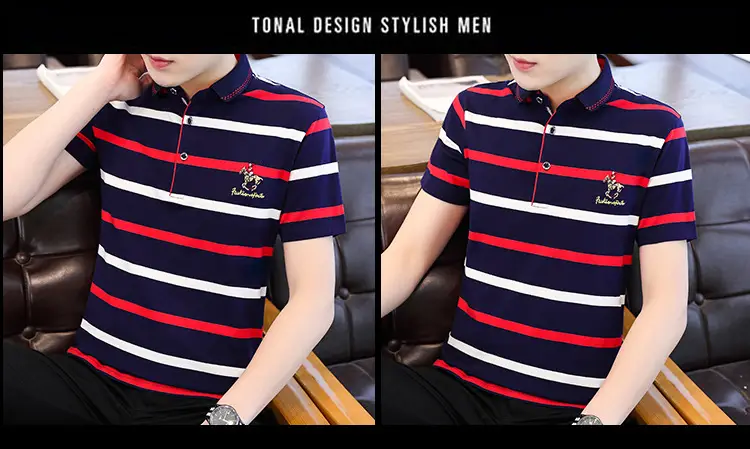 Men Striped Polo T-Shirt Navy Yellow Cotton 2021 — feature 8