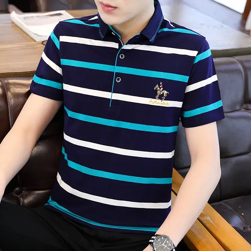 Men Striped Polo T-Shirt Navy Yellow Cotton 2021
