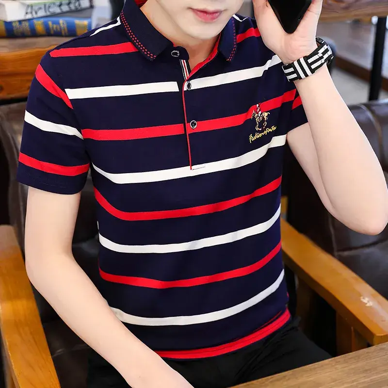 Men Striped Polo T-Shirt Navy Yellow Cotton 2021