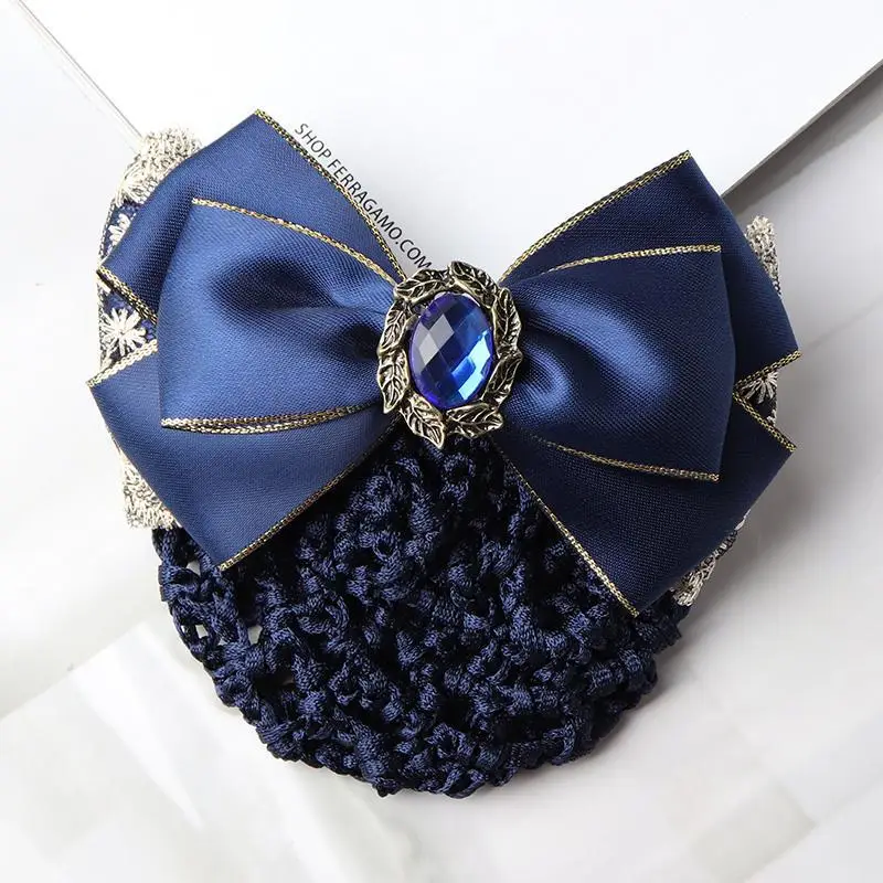 Navy Blue Crystal Bow Hairnet for Women - Image 30