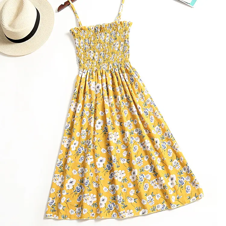 Yellow Floral Waist Slimming Summer Dress - Image 7