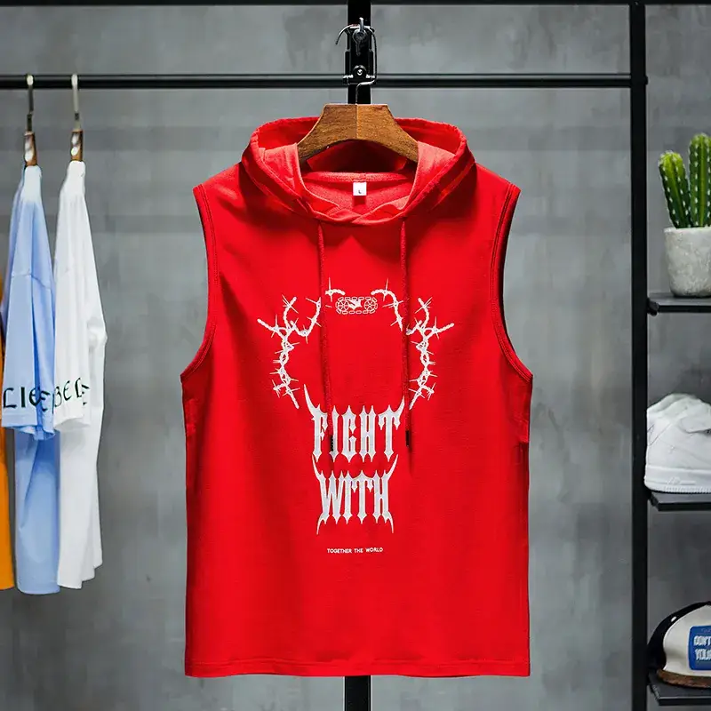 Men's 2025 Pure Cotton Hooded Vest White Green Print