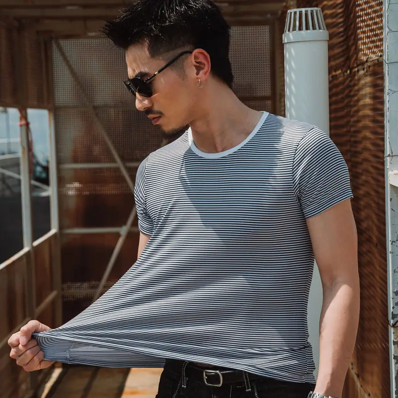 Men Striped T-Shirt Black White Korean Style - Image 5