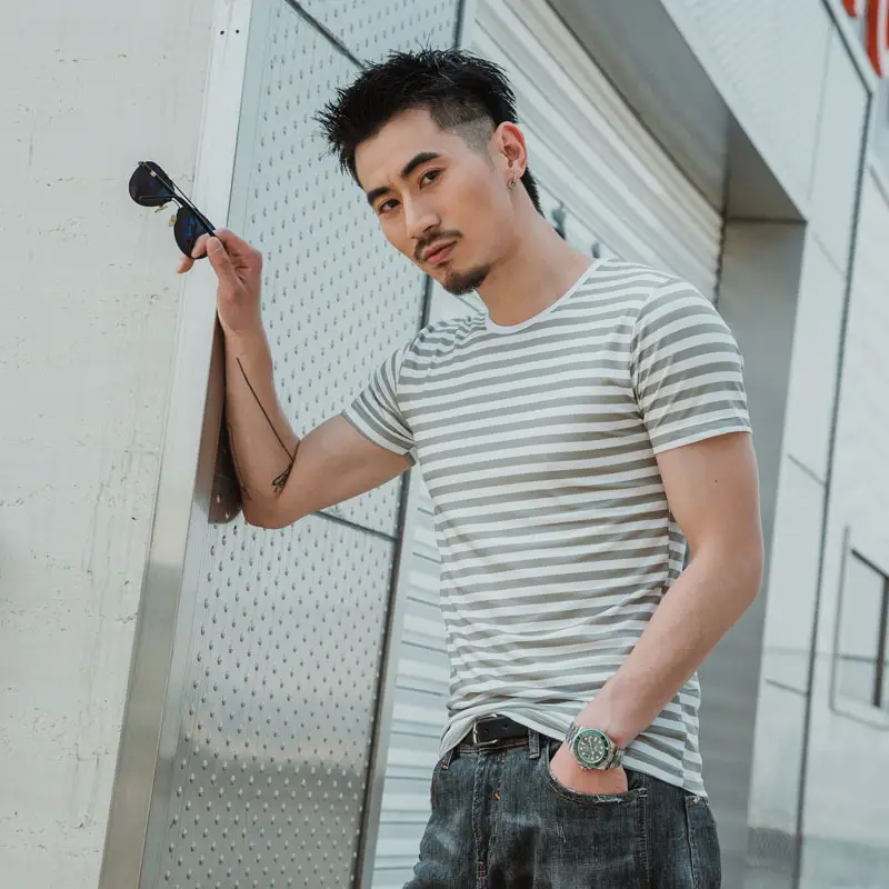 Men Striped T-Shirt Black White Korean Style - Image 6