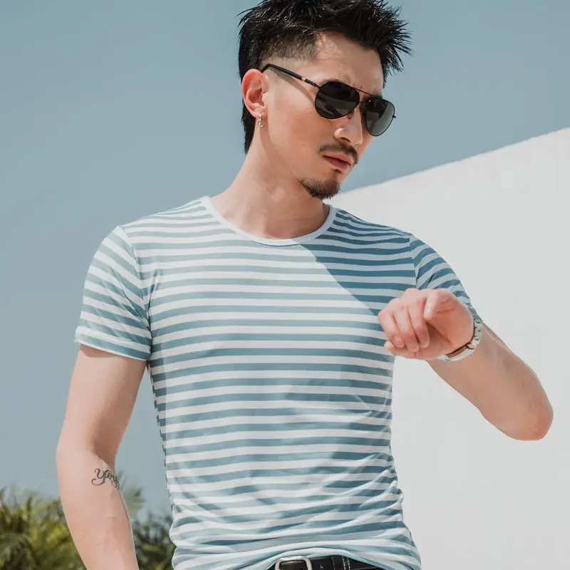 Men Striped T-Shirt Black White Korean Style - Image 7