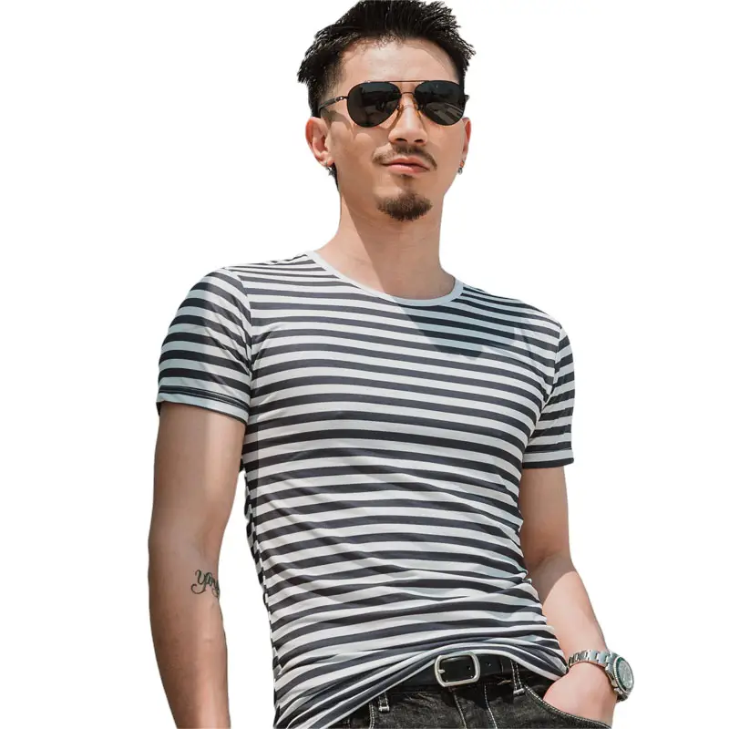 Men Striped T-Shirt Black White Korean Style - Image 8