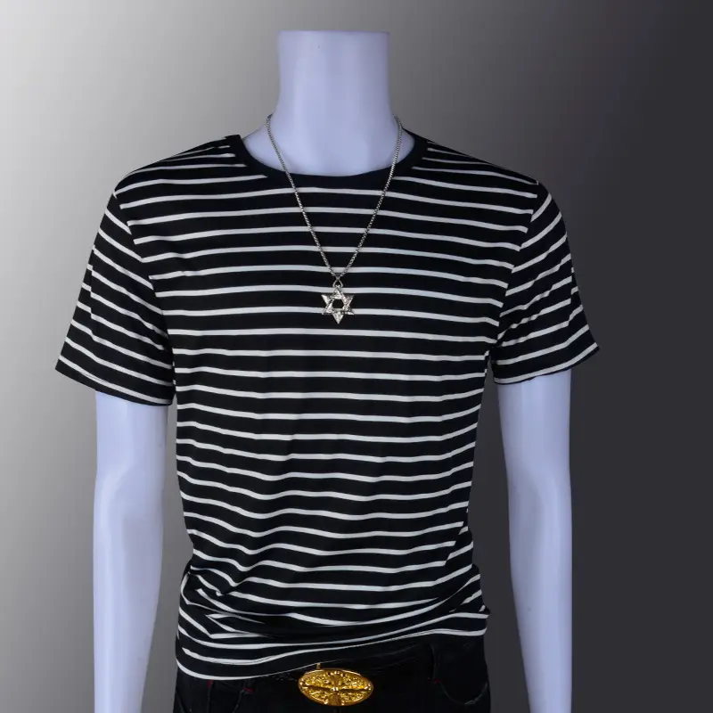 Men Striped T-Shirt Black White Korean Style - Image 3