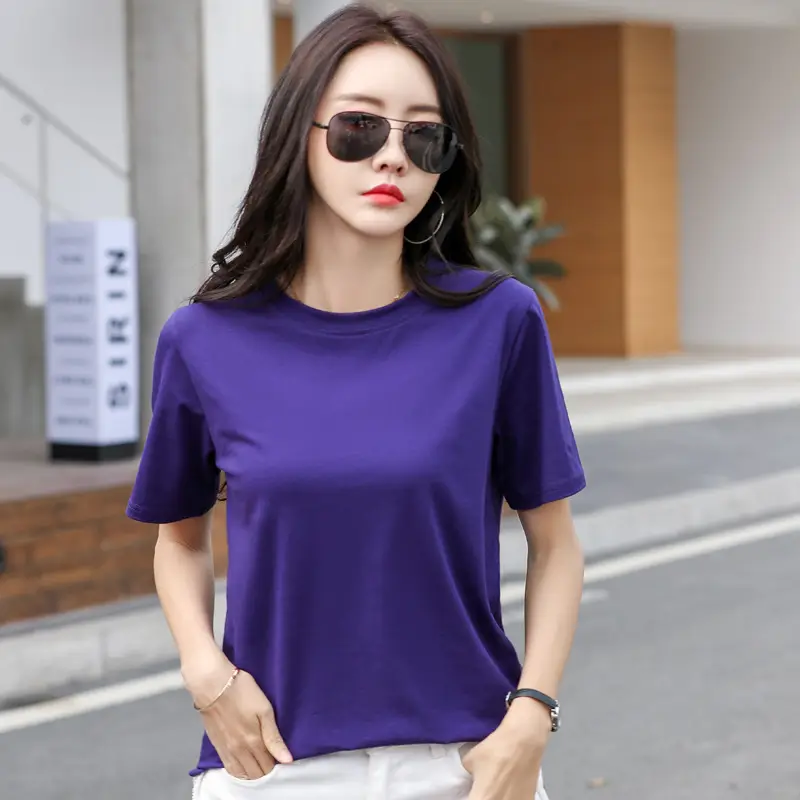 Women 95Cotton Round Neck T-Shirt Purple Loose Summer - Image 6
