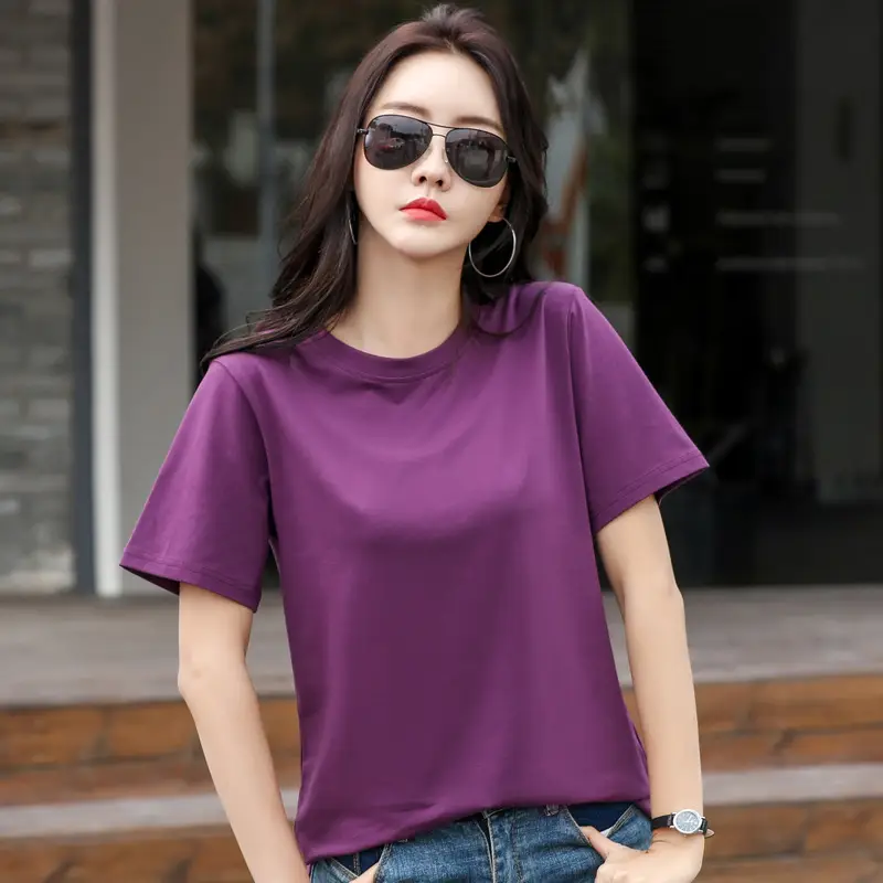 Women 95Cotton Round Neck T-Shirt Purple Loose Summer - Image 2