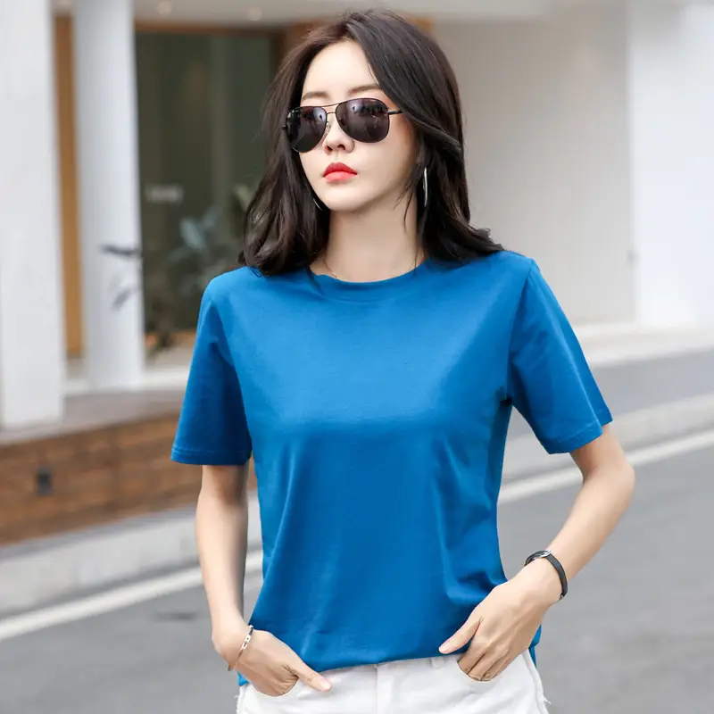 Women 95Cotton Round Neck T-Shirt Purple Loose Summer - Image 5