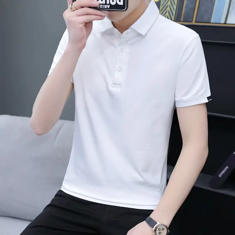 Men's White Polo T-Shirt with Button Collar - Image 5