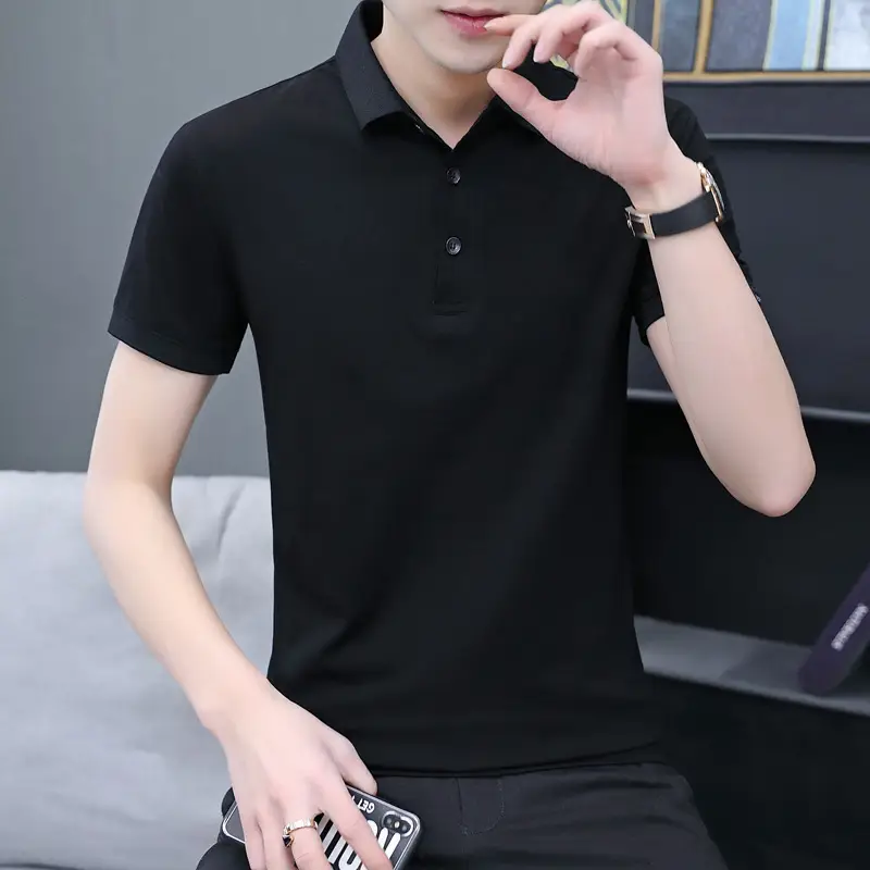 Men's White Polo T-Shirt with Button Collar - Image 7