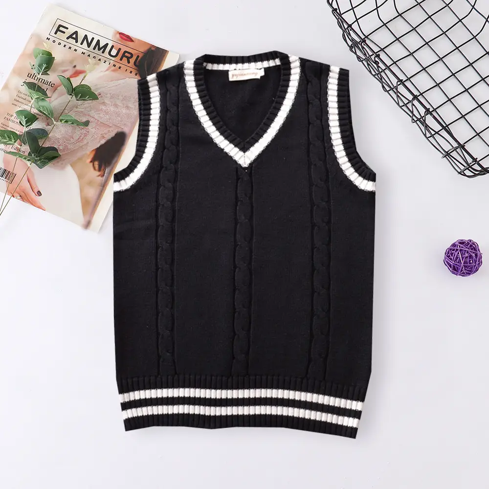 Black V-Neck Twist Color Vest for Men Women Knitwear - Image 5