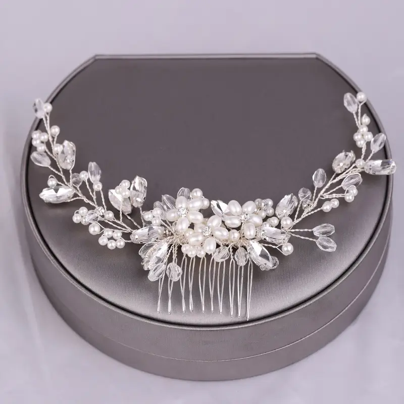 Pearl Flower Hair Comb with Silver Plated Design