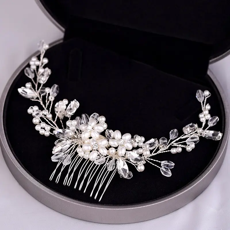 Pearl Flower Hair Comb with Silver Plated Design