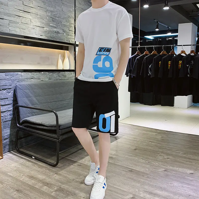 Men Red Graphic Shorts Set Summer Sportswear