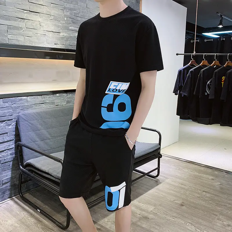 Men Red Graphic Shorts Set Summer Sportswear