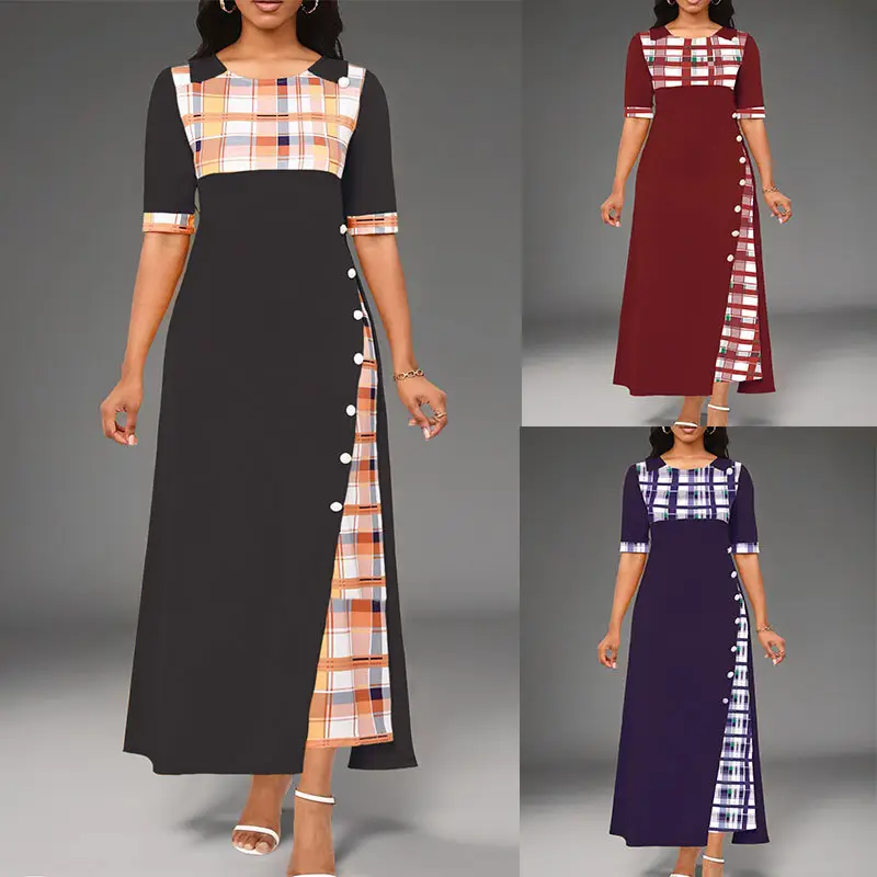 Maroon Round Neck Color Blocked Mid Sleeve Long Dress - Image 5