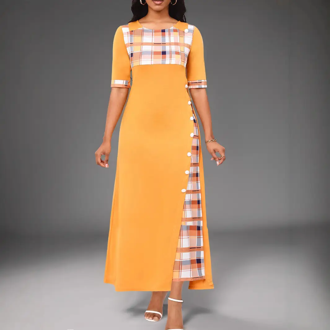 Maroon Round Neck Color Blocked Mid Sleeve Long Dress - Image 6