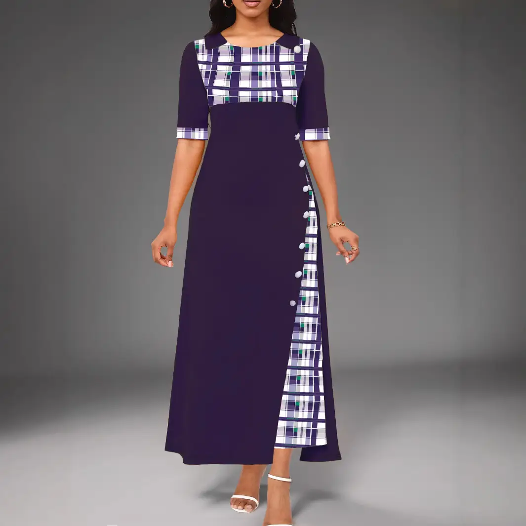 Maroon Round Neck Color Blocked Mid Sleeve Long Dress - Image 7