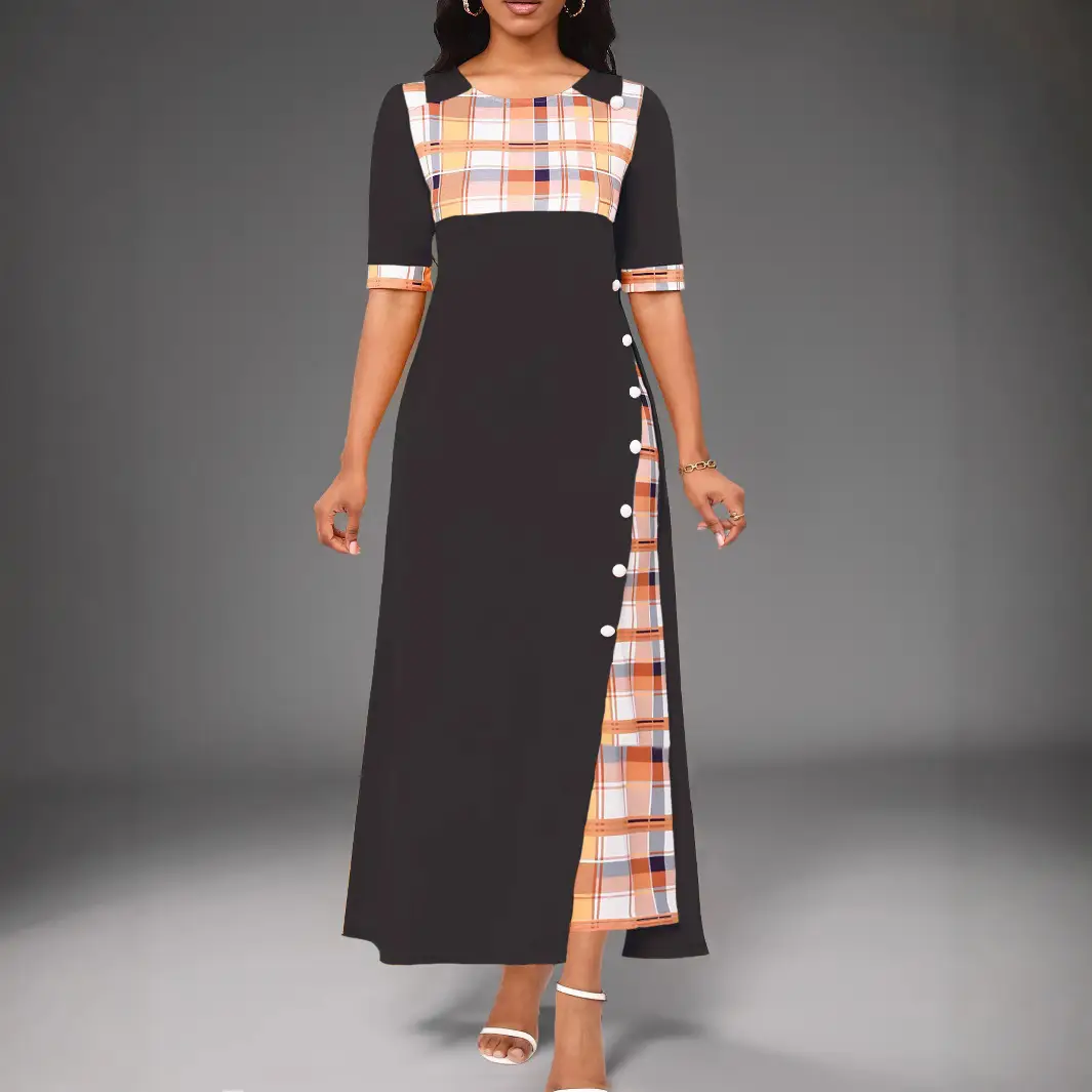 Maroon Round Neck Color Blocked Mid Sleeve Long Dress - Image 8