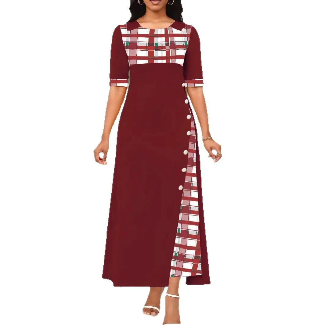 Maroon Round Neck Color Blocked Mid Sleeve Long Dress - Image 9