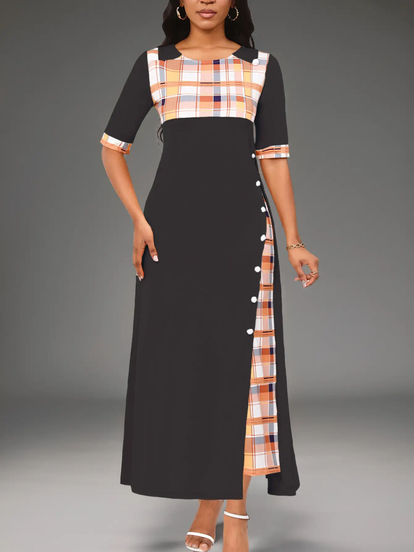 Maroon Round Neck Color Blocked Mid Sleeve Long Dress - Image 3