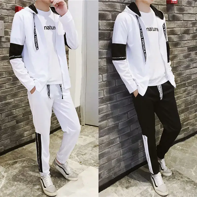 Men White Black Hooded Track Suit 2020 - Image 9