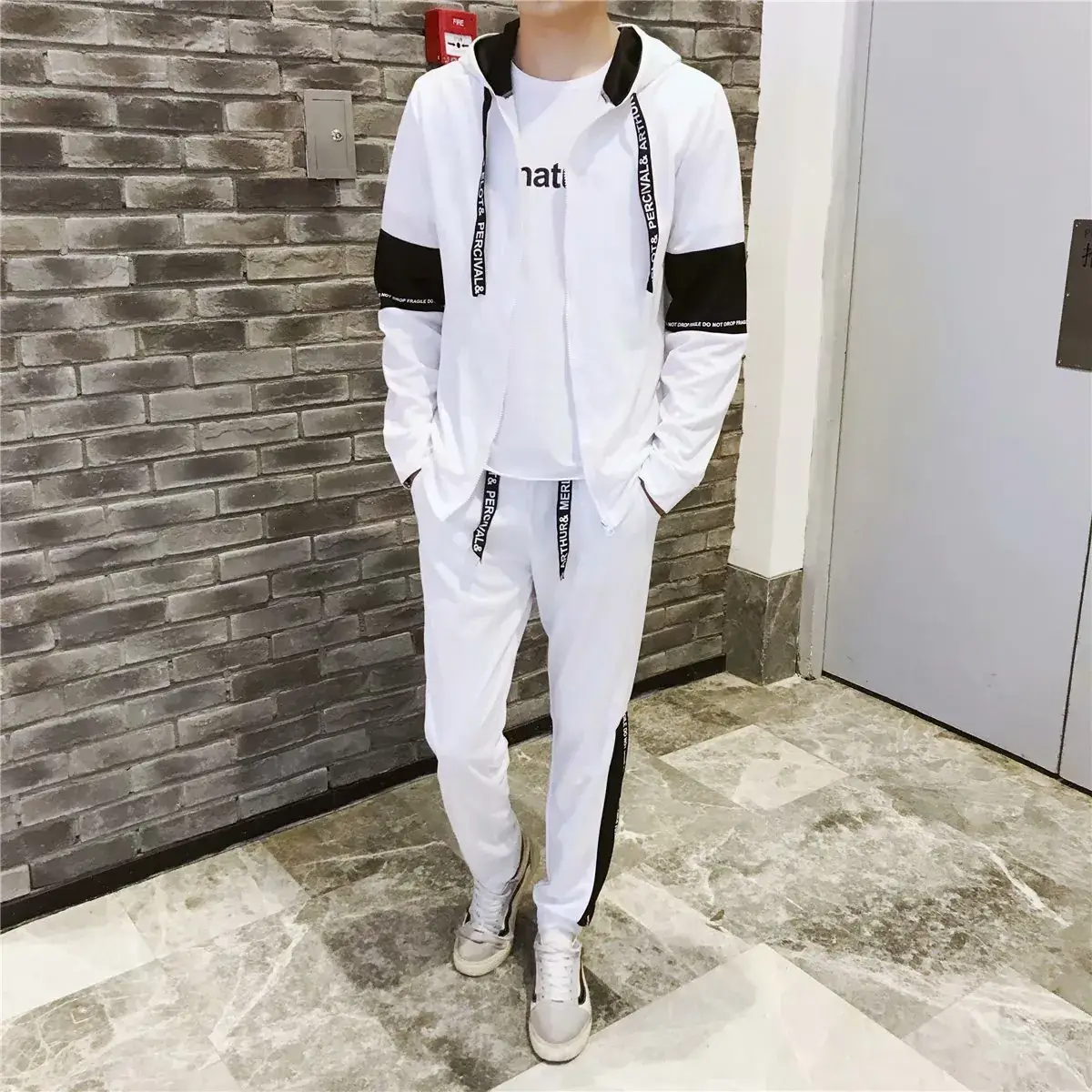Men White Black Hooded Track Suit 2020 - Image 2
