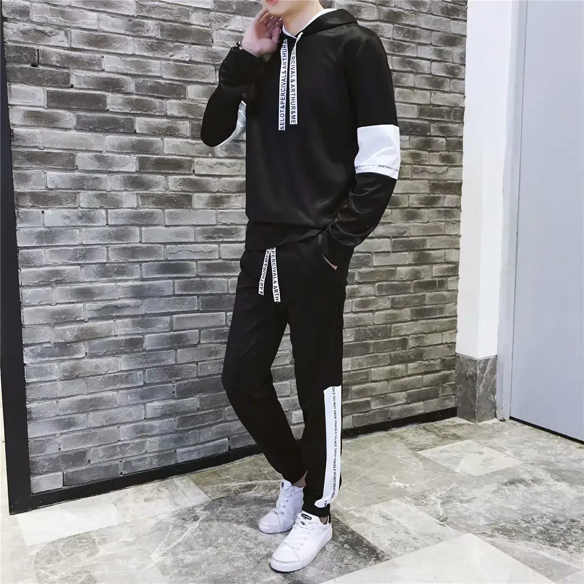 Men White Black Hooded Track Suit 2020 - Image 5