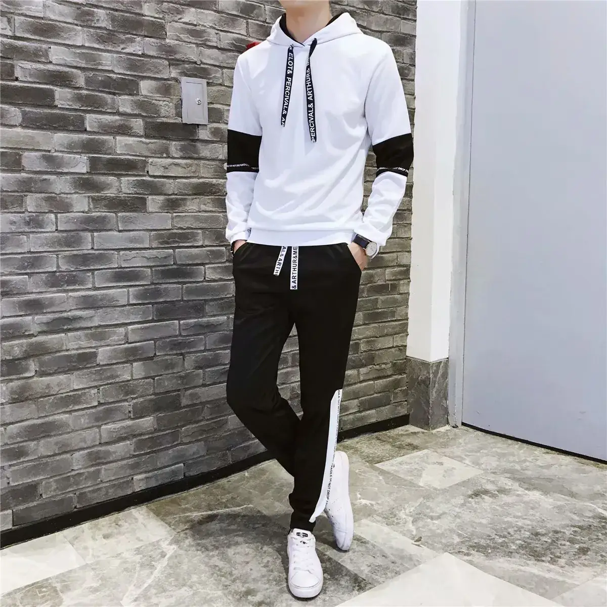 Men White Black Hooded Track Suit 2020 - Image 6