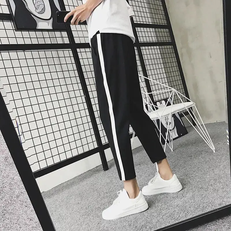 Men Korean Style Ankle Pants Black White Track Pants - Image 13