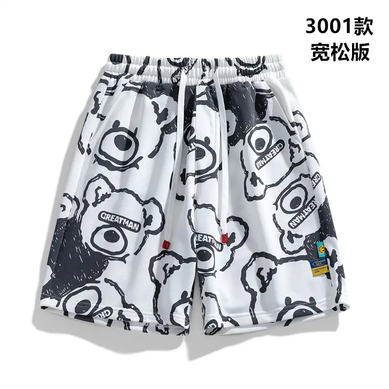 Men Black Korean Style Cotton Shorts with Cat Print - Image 4