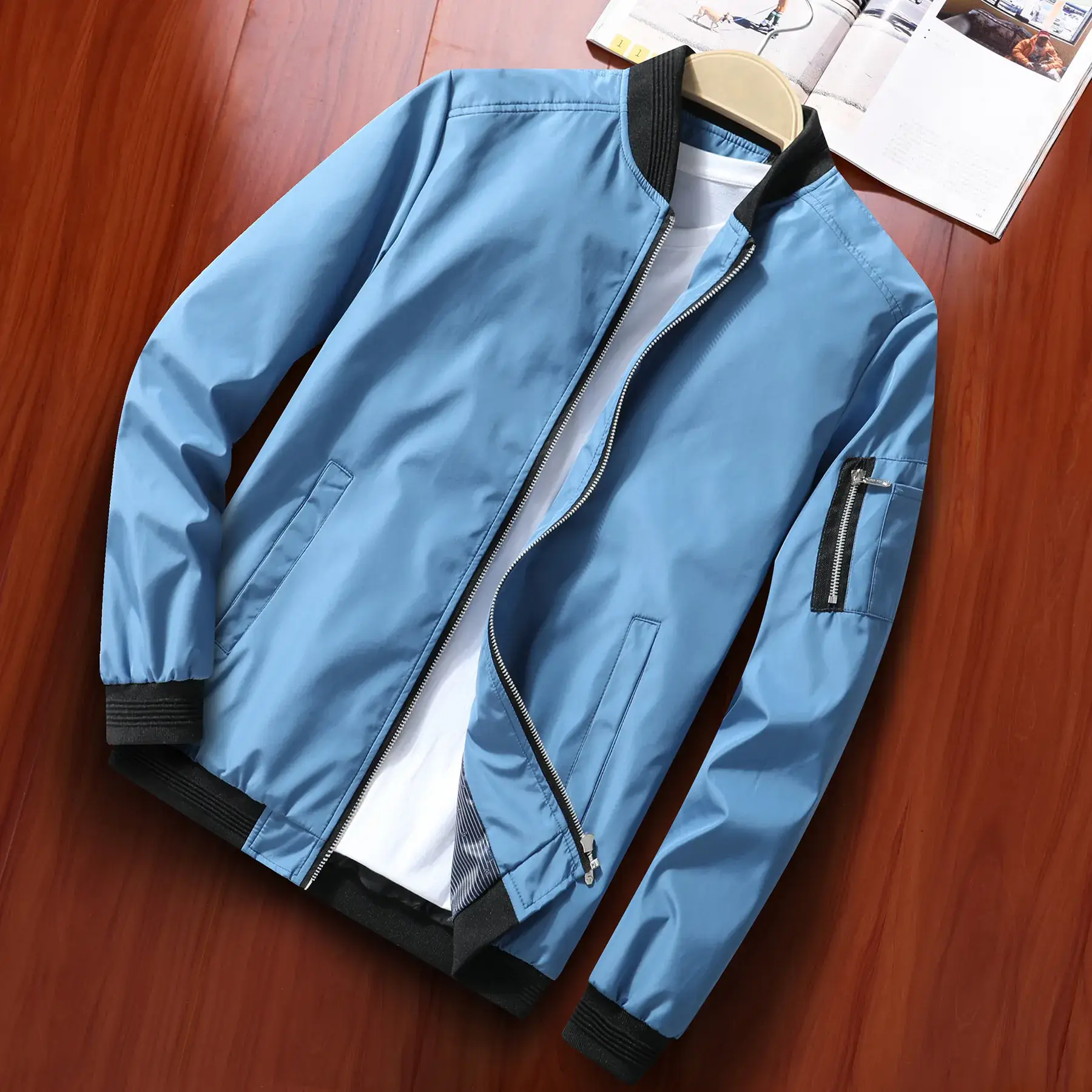 Men's Blue Bomber Jacket Spring Autumn Casual Coat - Image 6