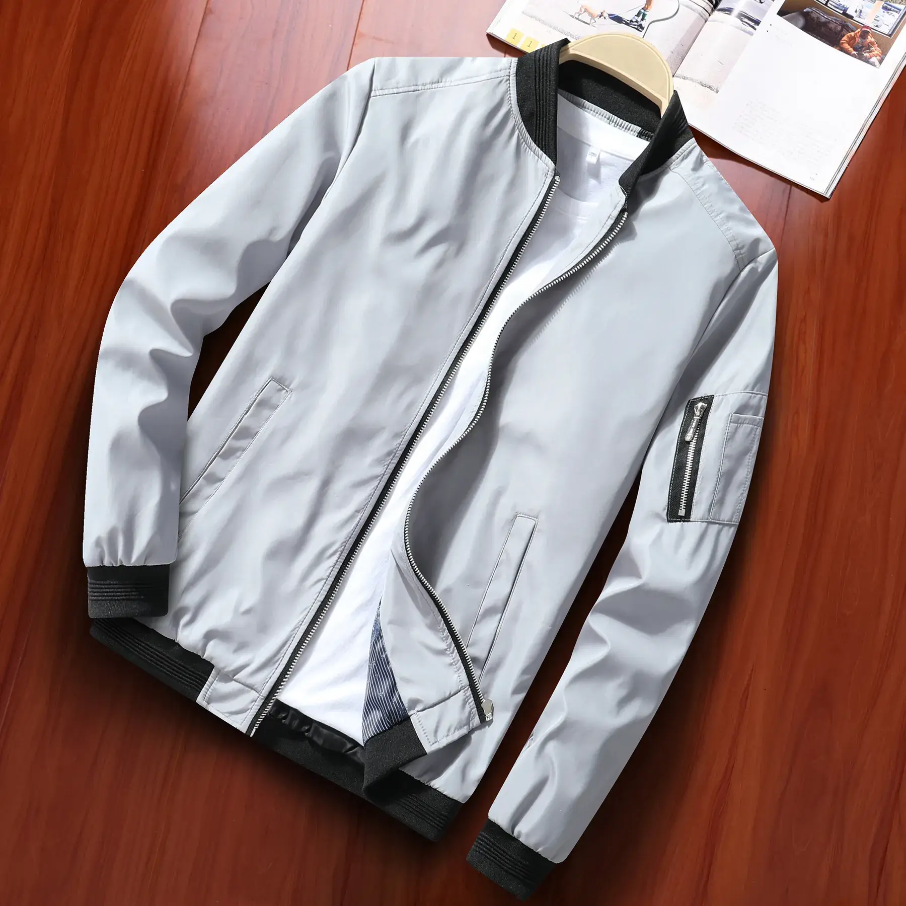 Men's Blue Bomber Jacket Spring Autumn Casual Coat - Image 7