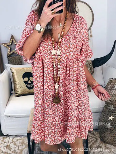 2022 Summer Purple Floral Round Neck Ruffled Dress - Image 11