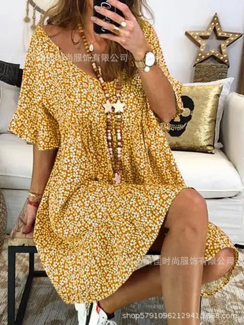 2022 Summer Purple Floral Round Neck Ruffled Dress - Image 2