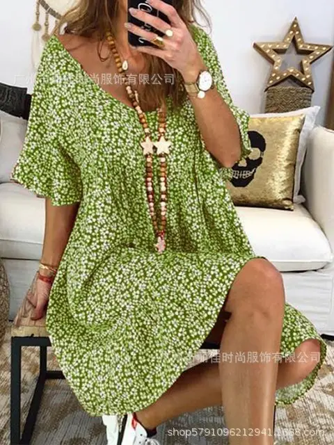 2022 Summer Purple Floral Round Neck Ruffled Dress - Image 5