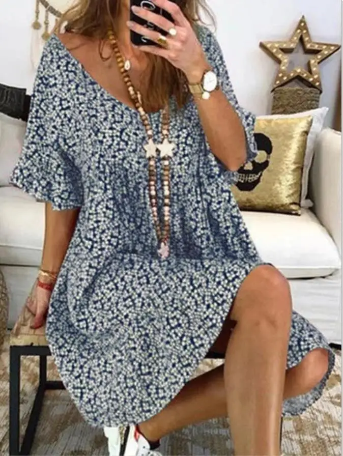 2022 Summer Purple Floral Round Neck Ruffled Dress - Image 9