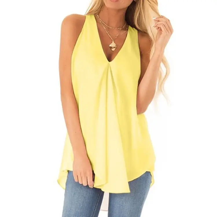 Women's Yellow Chiffon V-Neck Top with Hem - Image 7