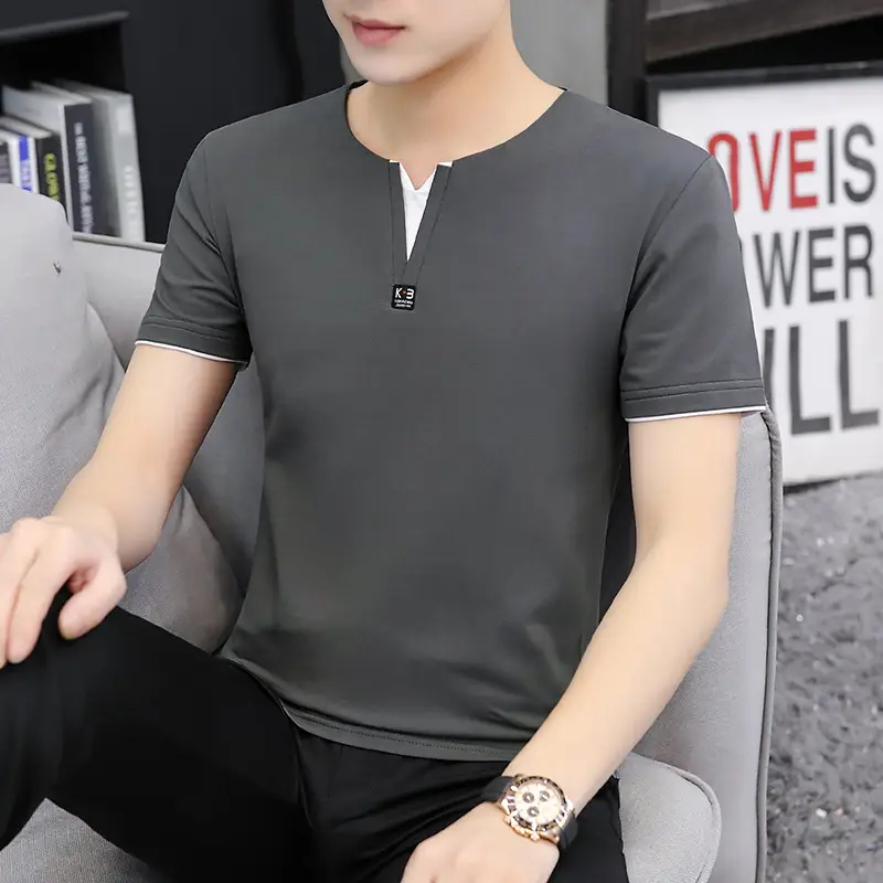 Men Cotton V-Neck Grey T-Shirt Medium - Image 6