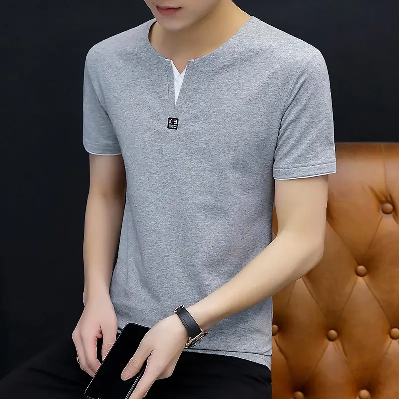 Men Cotton V-Neck Grey T-Shirt Medium - Image 7