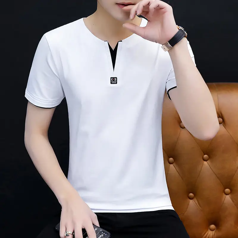 Men Cotton V-Neck Grey T-Shirt Medium - Image 8